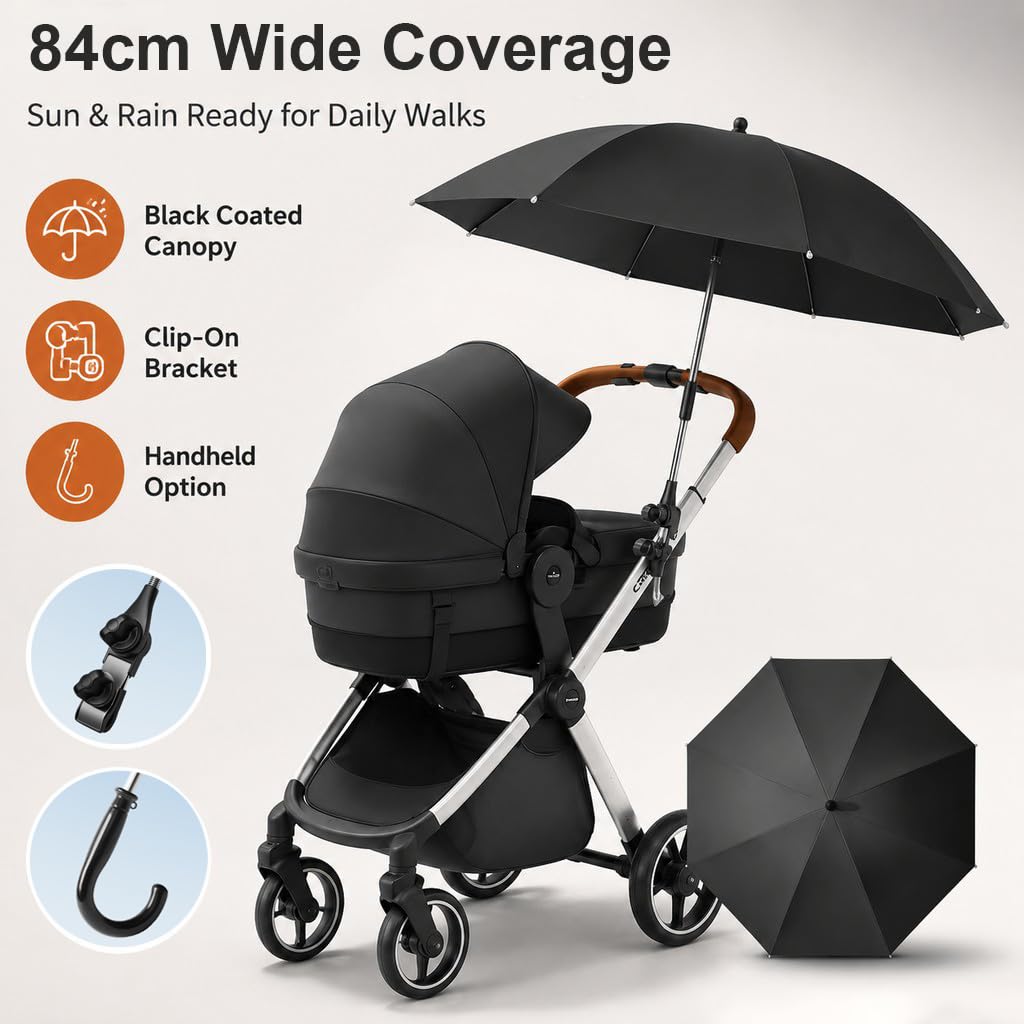 Universal Sonnenschirm für Kinderwagen Buggy,UPF50+,85 cm Durchmesser,Sonnenschutz Kinderwagen,Sonnenschutz Buggy mit flexibler Universalhalterung Modell (Beige)