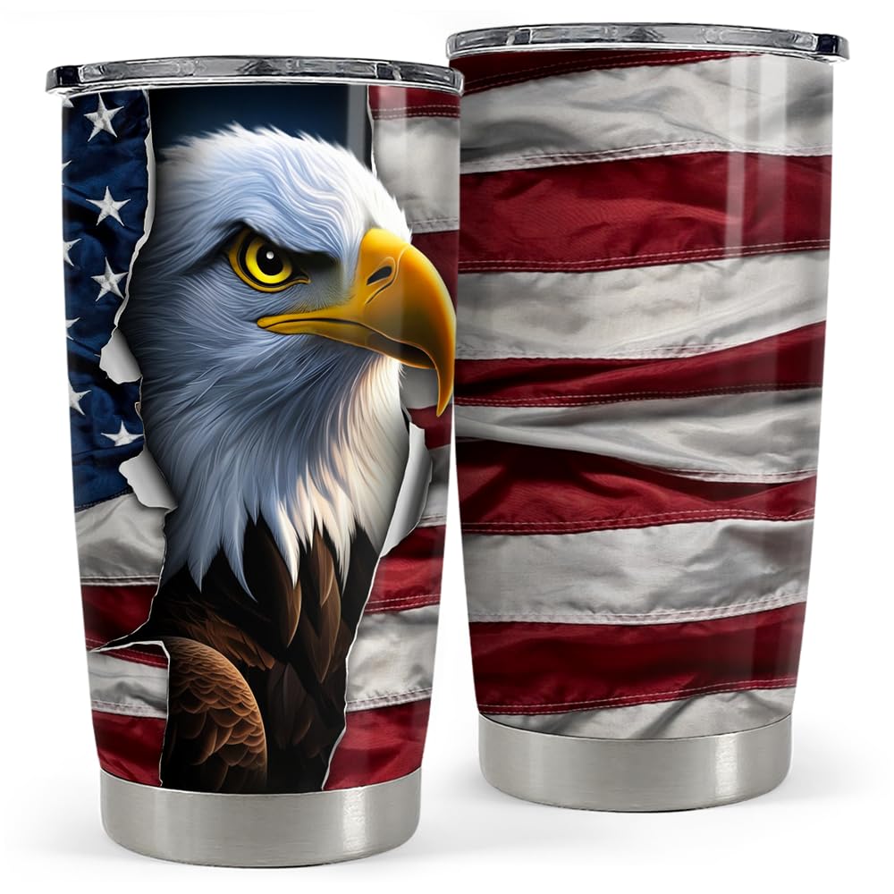 SANDJEST Eagle Tumbler 20oz Stainless Steel Insulated Coffee Travel Mug Cup American Flag Eagle Gifts for Men, Veterans on Birthday Christmas