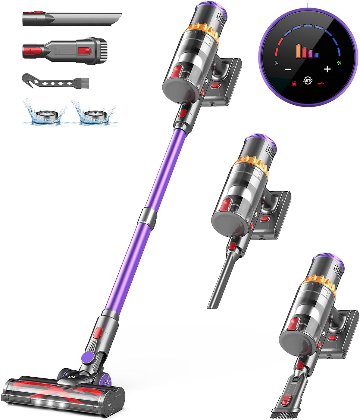CHEBIO Cordless Vacuum Cleaner, 550W/45Kpa Stick Vacuum with Smart Display, MAX 65Mins Runtime, Auto Mode & Anti-Tangle, Purple, Vacuum for Pet Hair/Carpet/Floor