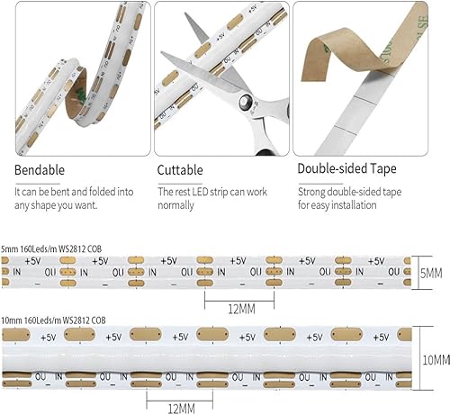 Miniatura 4 de WS2812B Tira LED de neón COB de 16.4 pies, 160 LEDsm, cinta LED de color de ensueño direccionable flexible de 0.394 in de ancho para dormitorio,
