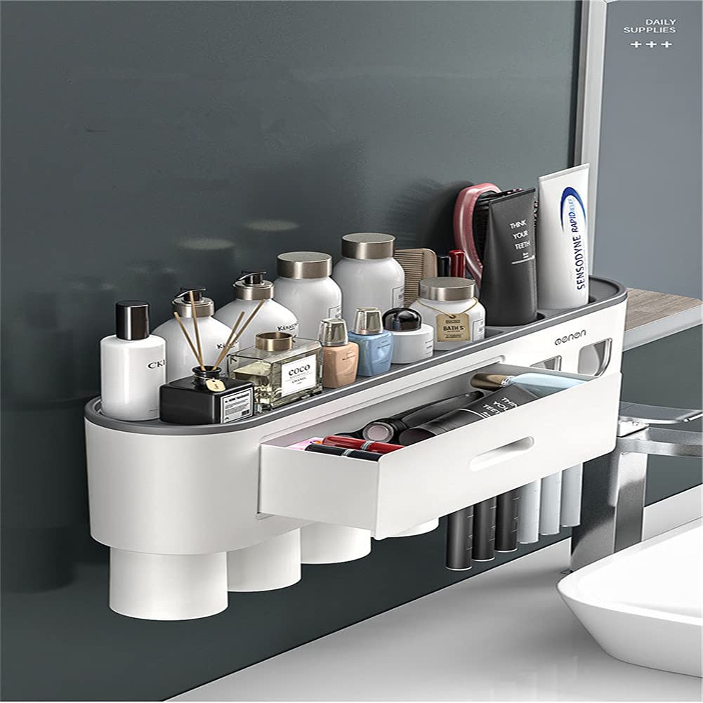 Kit de soporte de cepillo de dientes montado en la pared con doble dispensador automático de pasta de dientes para baño y inodoro, soporte de cepillo de dientes de ducha con taza (gris)