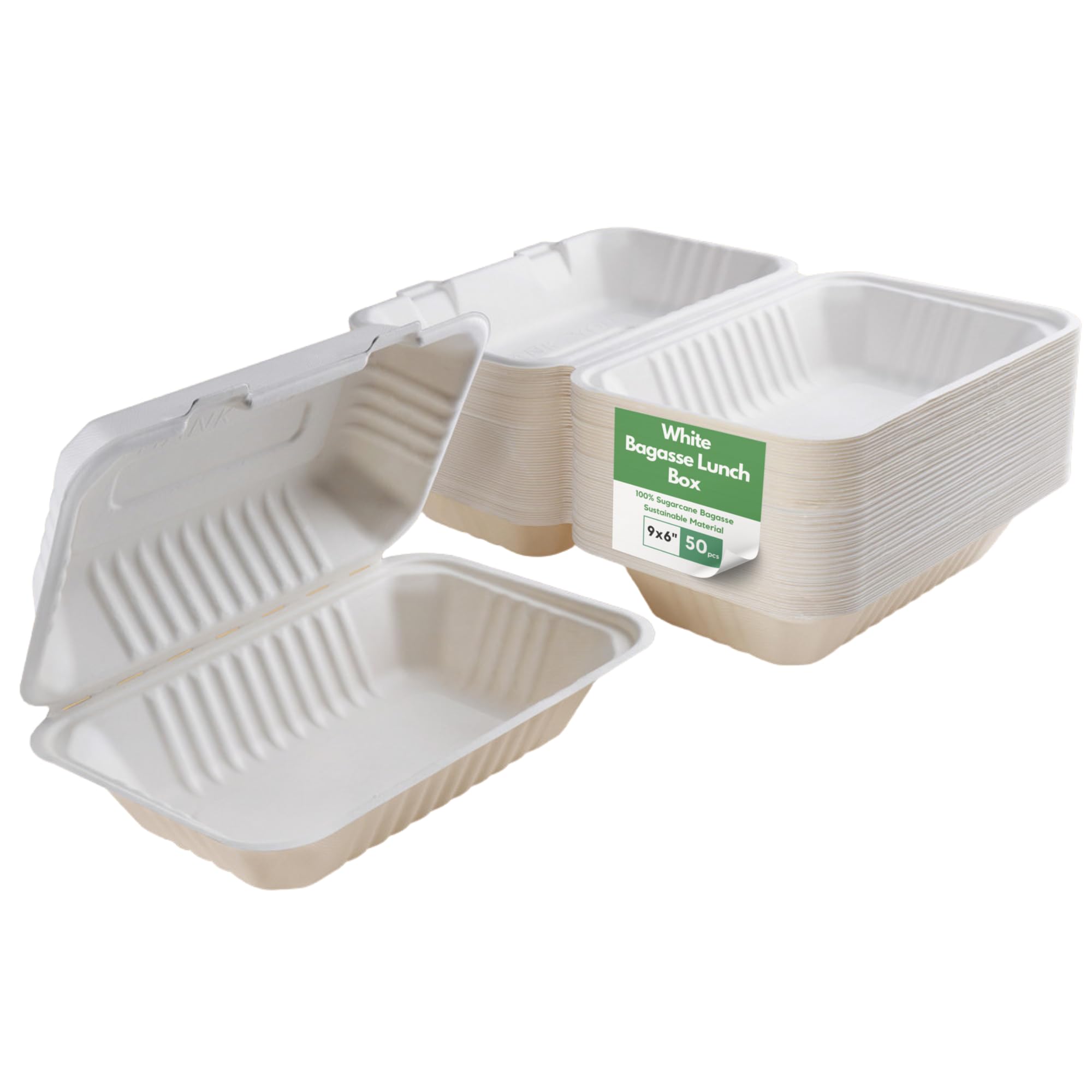 Caterco White Disposable Bagasse Clamshell Food Containers - 9 X 6 Inch - 50 Pack - Biodegradable Sugarcane Container Box, Compostable, Eco-Friendly, Takeaway Boxes, 50 Pack (9X6 Inch, 1 Compartment)