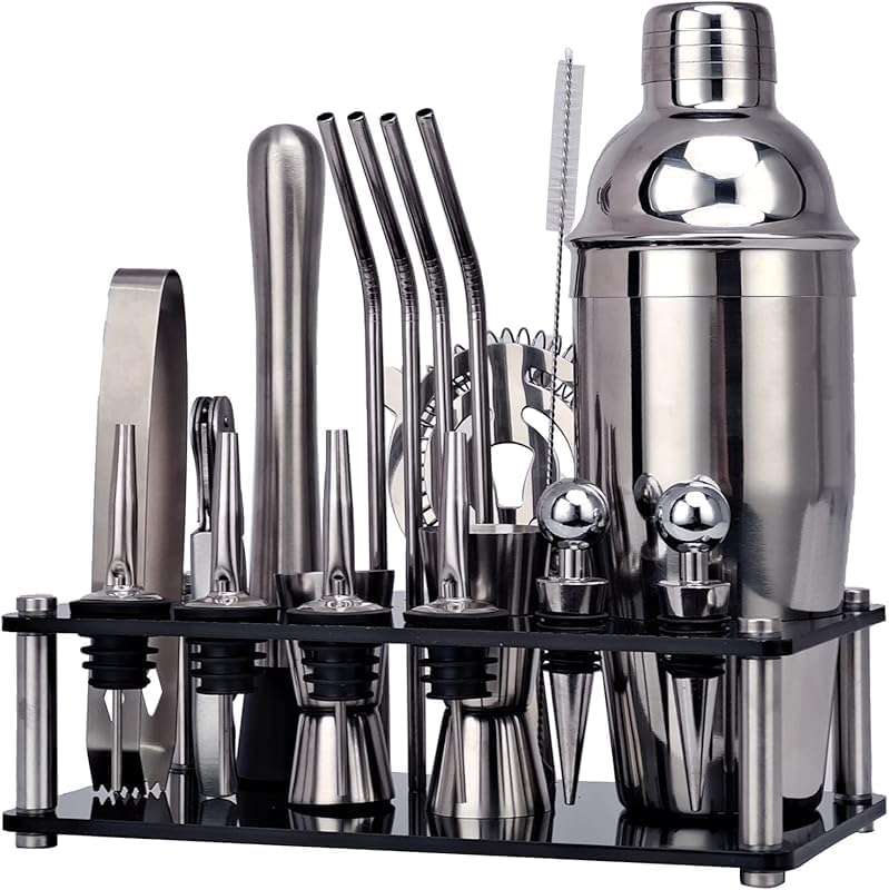 ステンレススチール製カクテルシェイカーセット、収納ラック、スウィズルスティック、スウィズルグラス付きバーツールセット20ピース