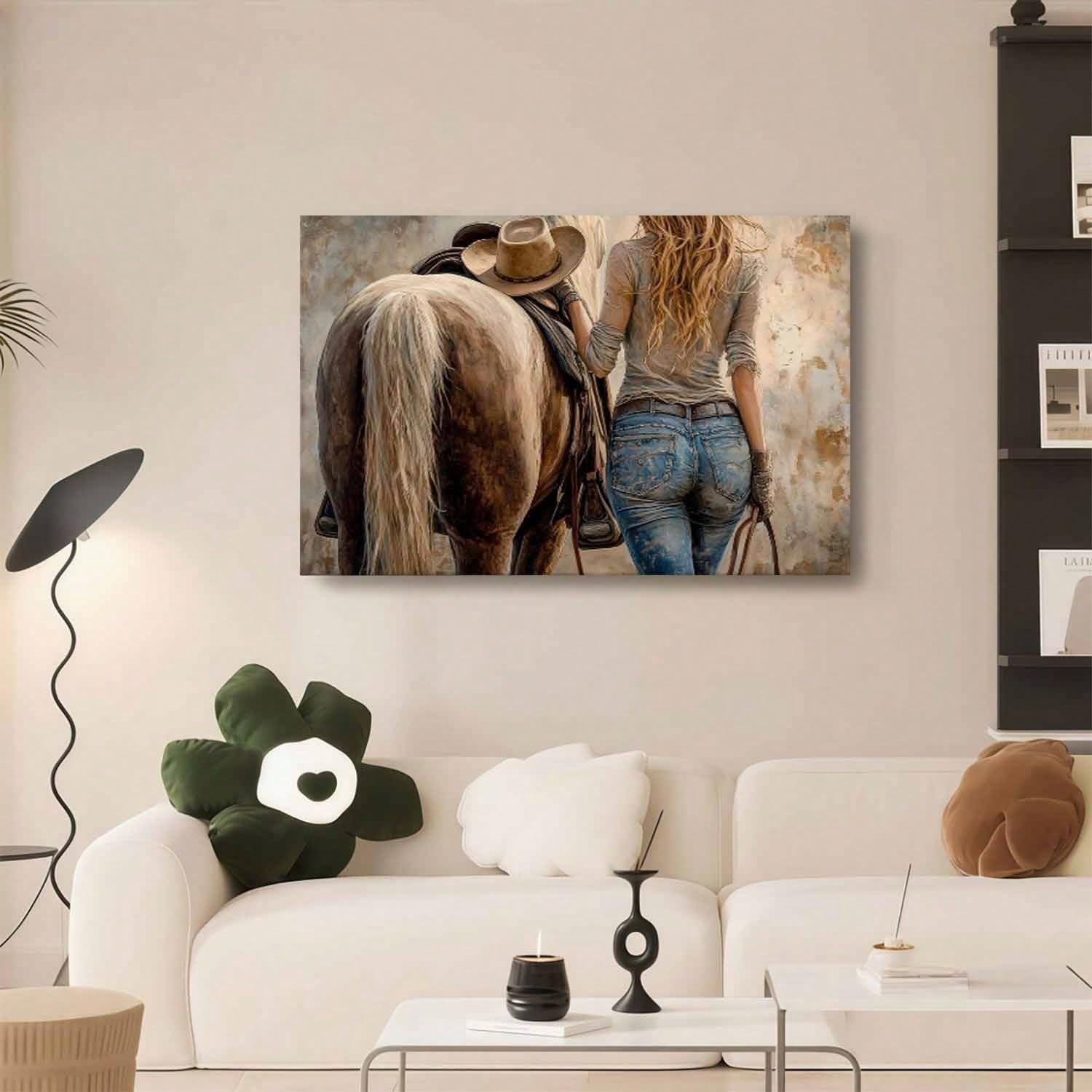 LYBCEOUG Wanddeko „Cowgirl“, Leinwanddruck „Reiterin mit Pferd“, Schlafzimmer-/Wohnzimmerdekoration (50 x 70 cm/mit Rahmen)
