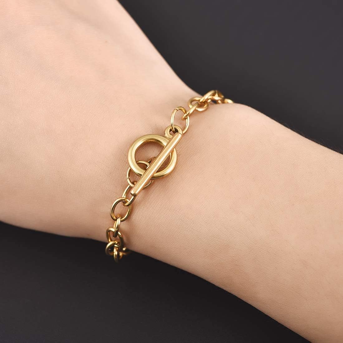 LANBEIDE 10Pcs Chain Bracelets Stainless Steel Link Bracelet Chains with OT Toggle Clasps for Jewelry Bracelet Making (D Silve&Gold)