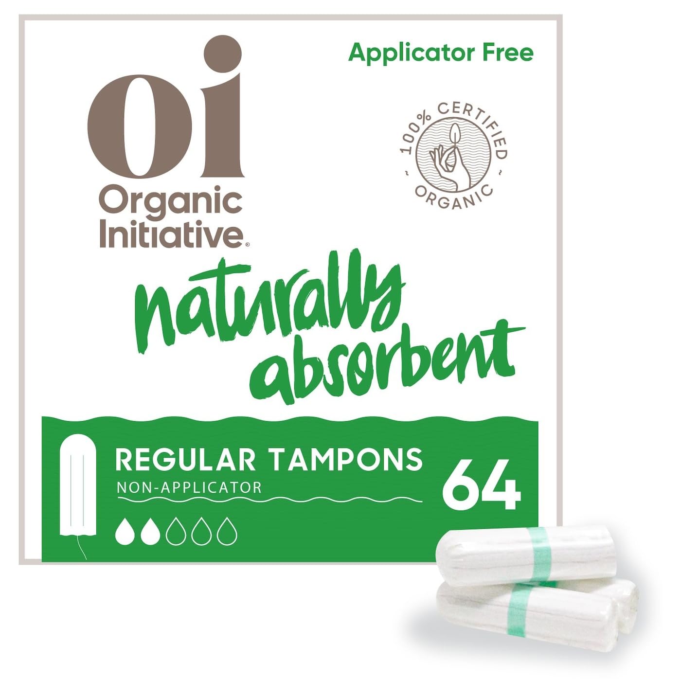 Oi | Organic Initiative - 100% Certified Organic Cotton Non-Applicator Tampons | Ultra-Absorbent, Unscented, Natural, Non-Toxic, Applicator Free | Regular | 64 Count