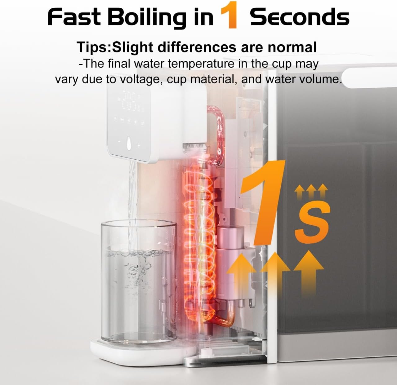 instant hot water dispenser features close-up - adjustable temps and dispense volumes