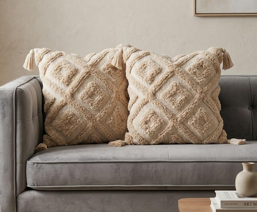 Image of Sofa Cushion Cover Cotton for Living Room Couch Soft Pillow Covers (Natural Small Diamond, 16 x 16 Inch (Pack of 2))