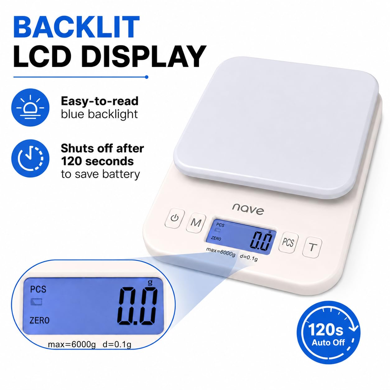 Nave Báscula digital de cocina, 6 kg/0,1 g, báscula de alimentos de alta precisión con pantalla LCD, múltiples unidades (g/oz/ml/lb), funciona con pilas, ideal para hornear, cocinar y controlar el