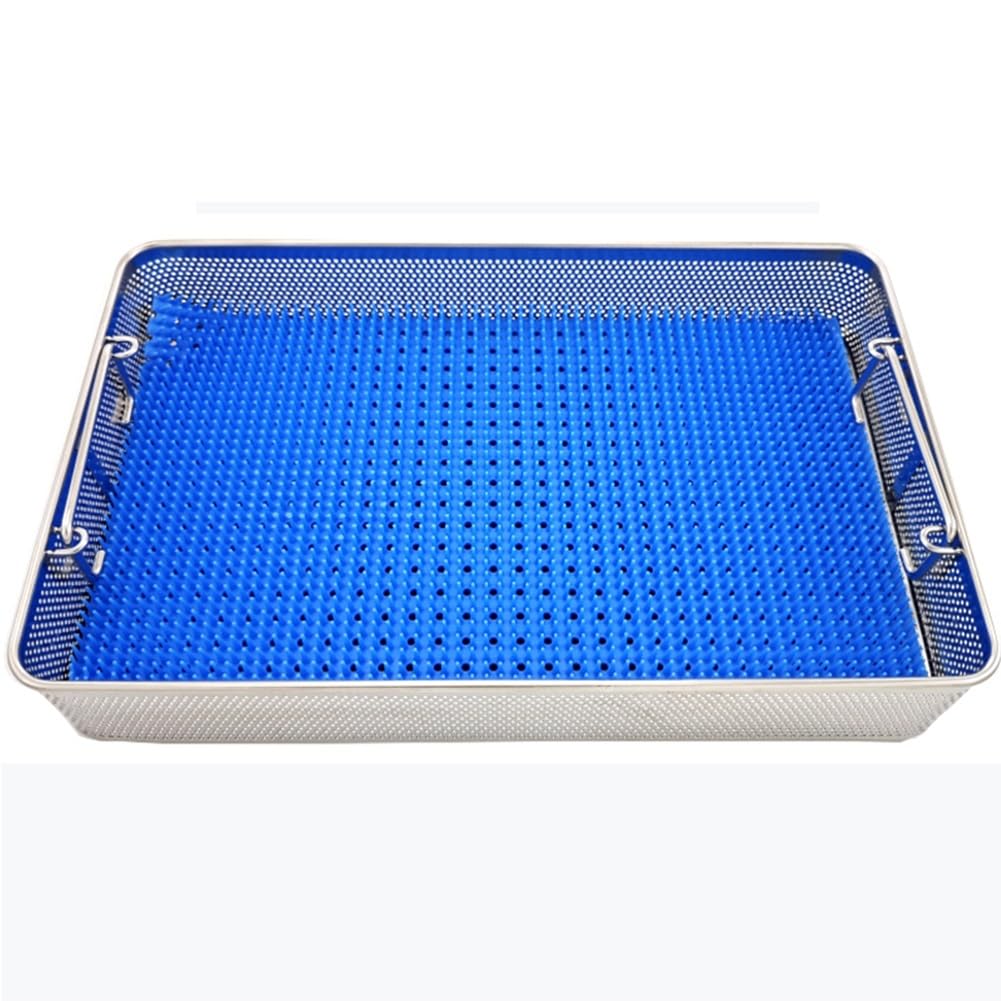 Cesta de desinfección de acero inoxidable, bandeja perforada para instrumentos médicos con almohadilla de silicona para esterilización, 40 x 20 x 7 cm, duradera y fácil de limpiar