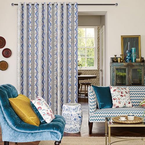 Image of XiDi 100% Blackout Blue Boho Curtains for Bedroom 84 Inches Long 2 Panels Thermal Insulated Mid Century Modern Farmhouse Blue Geometric Curtains for Living Room Grommet Window Drapes, 52Wx84L