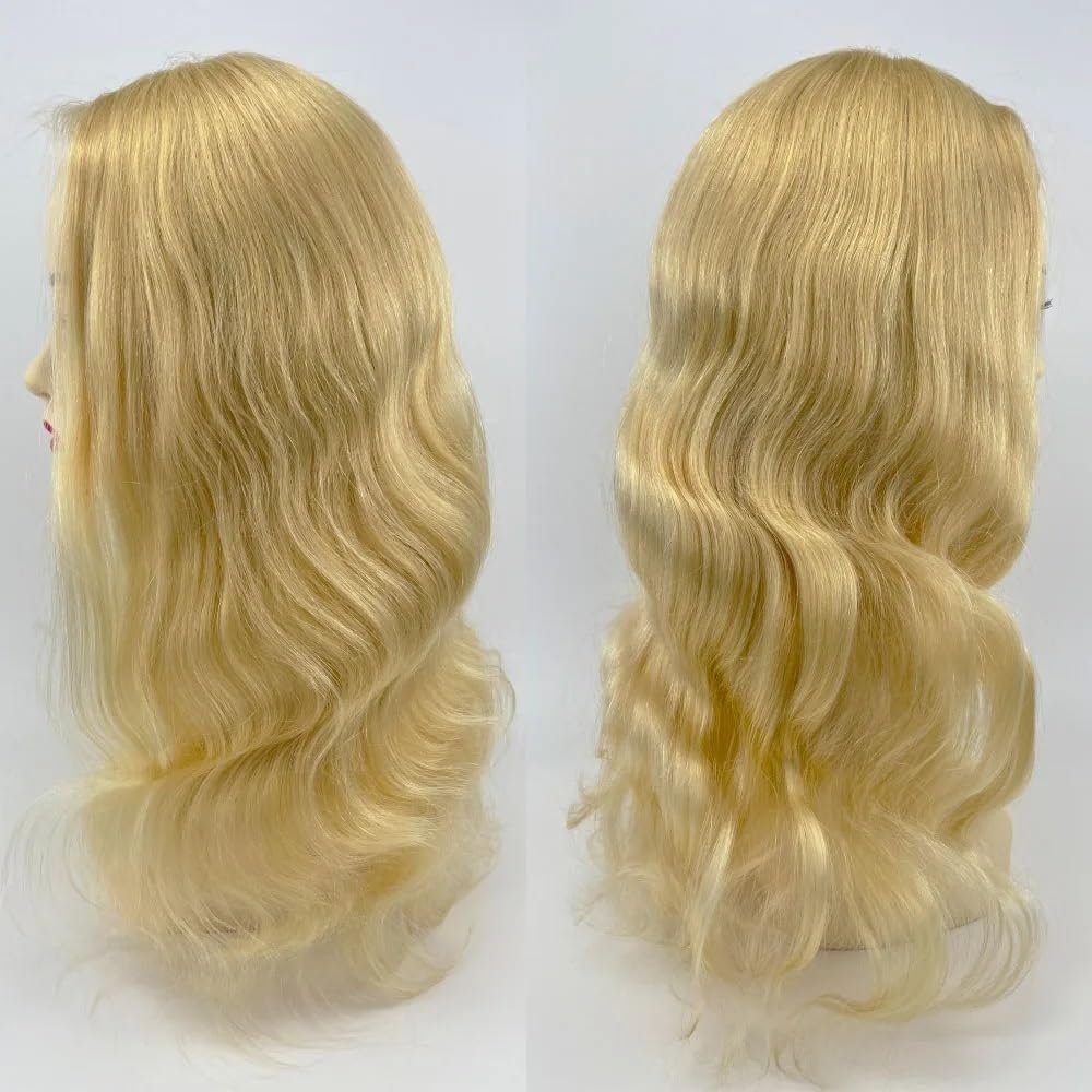Parrucca in pizzo completo con base in seta, 5"x5", bionda chiara, con onda del corpo, capelli umani Remy, parrucche in pizzo trasparente con base in seta(20inch)