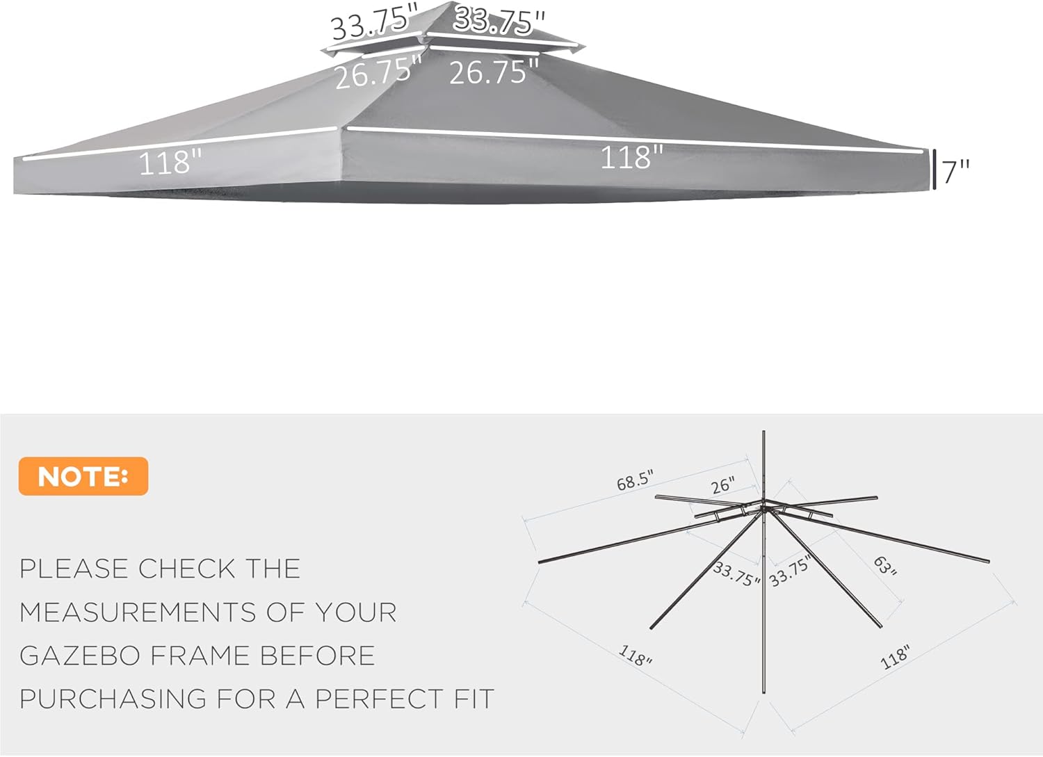 9.8' x 9.8' Gazebo Replacement Canopy, 2 Tier Top UV Cover for 9.84' x 9.84' Outdoor Gazebo Models 01 0153 100100 076, Light Gray (TOP ONLY)