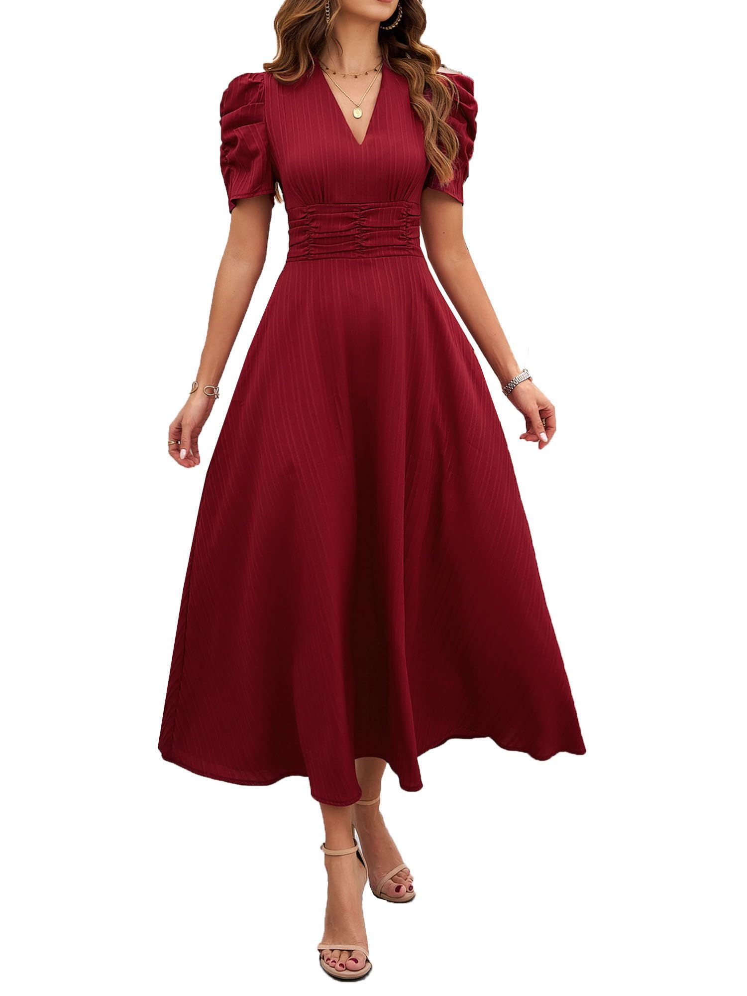Krumba Women V-Neck Summer Dress: Puff Short Sleeve A-Line Midi for Casual Beach Party - Semi-Formal Maxi for Wedding Guest M Red