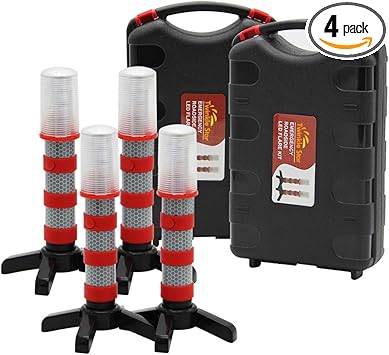 Twinkle Star Emergency Roadside Flares Kit LED Safety Strobe Road Warning Light Highway Beacon Alert Flare with Magnetic Base, Detachable Stand, Solid Storage Case (Set of 4)