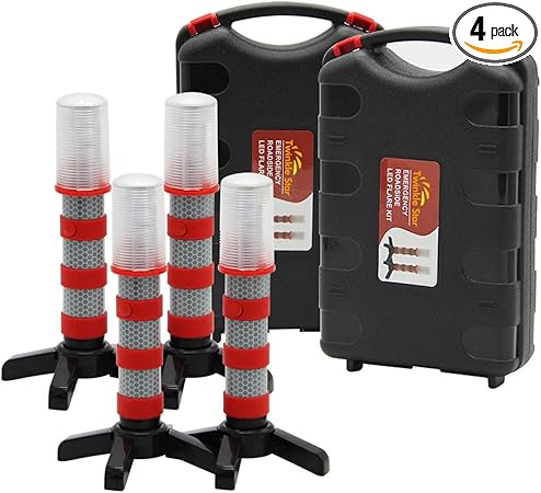 Twinkle Star Emergency Roadside Flares Kit LED Safety Strobe Road Warning Light Highway Beacon Alert Flare with Magnetic Base, Detachable Stand, Solid Storage Case (Set of 4)