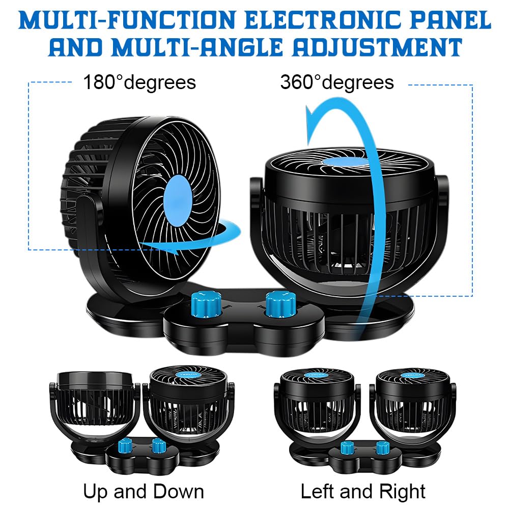 Ventilatore Auto a Doppia Testa 12V, 360° Ruotabile Ventilatore Silenzioso Potente, 2 Velocità con Presa Accendisigari, Potente e Silenzioso, per SUV RV ATV Camion Campe