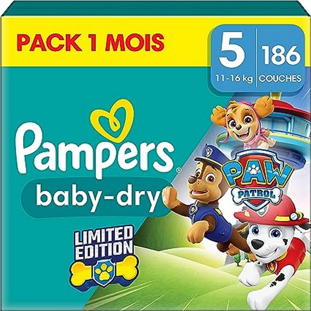 Pampers Baby-Dry, Talla 5, 186 Pañales, 11-16kg, Al Rescate Contra Los Chorros Gracias A Una Protección Integral Hasta 12h, Edición Limitada con Patrulla Canina, Pack de 1 Mes