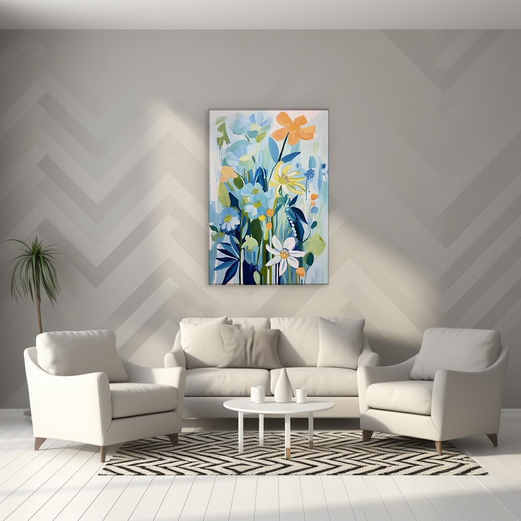 Canvas for Living Room. Whispers of Color in a Dreamy Bouquet - The Serenity of Blue and White with a Pop of Vibrant Intrigue, 27 x 18 inch Canvas Wall Art - Ready to Hang