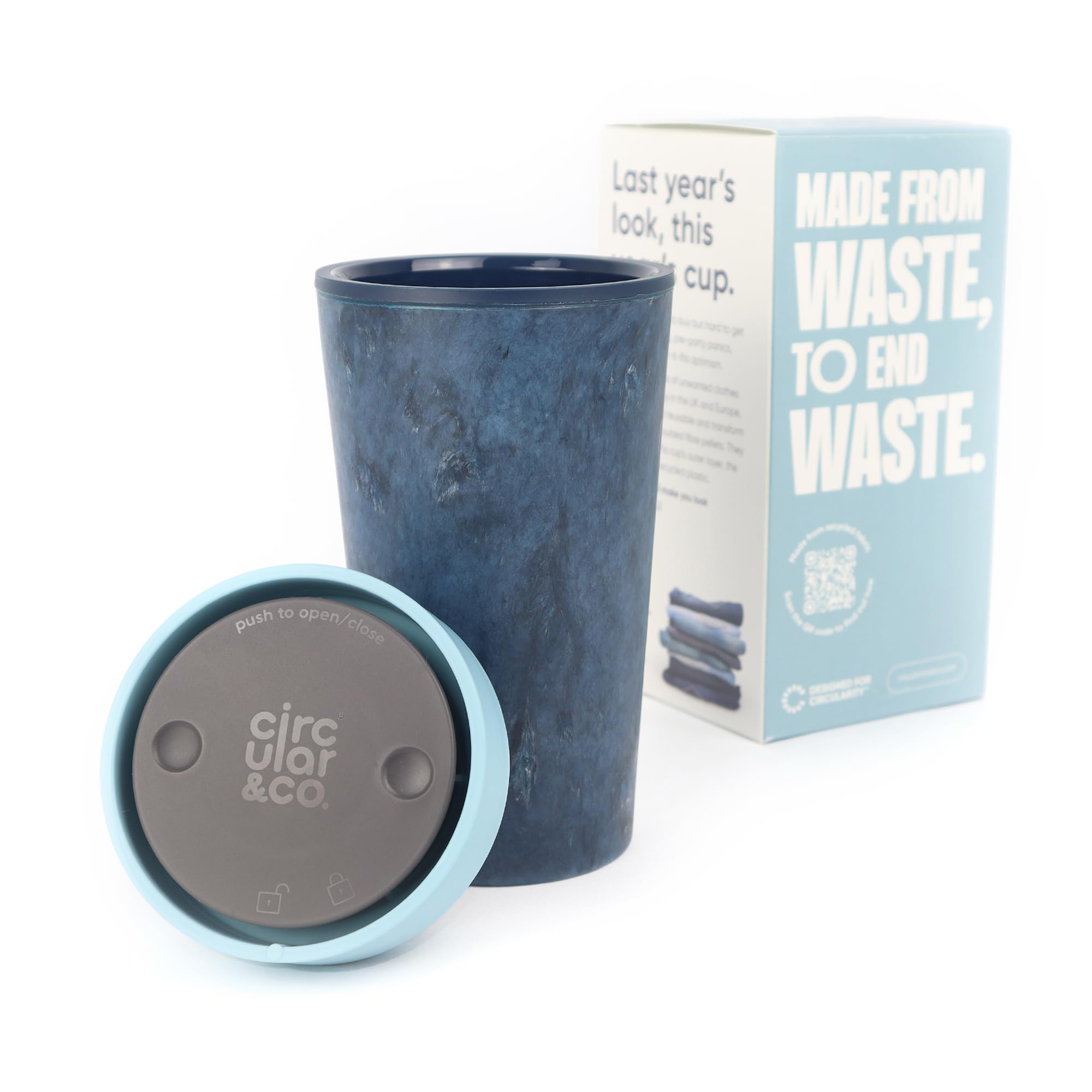 Circular&Co 12oz / 340ml Reusable Coffee Cup – Made from Recycled Fabric Waste – Leakproof, Lockable Travel Mug, BPA Free – Stonewash Blue – Made in the UK