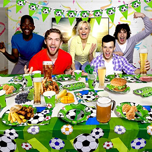 Soccer Party Decorations,122 Pieces Soccer Birthday Party Supplies Including Paper Plates Napkins Cups Forks And Blowing Dragon And Tablecloths And Banner Serve 20 Guests For Soccer Theme Party #TOP5