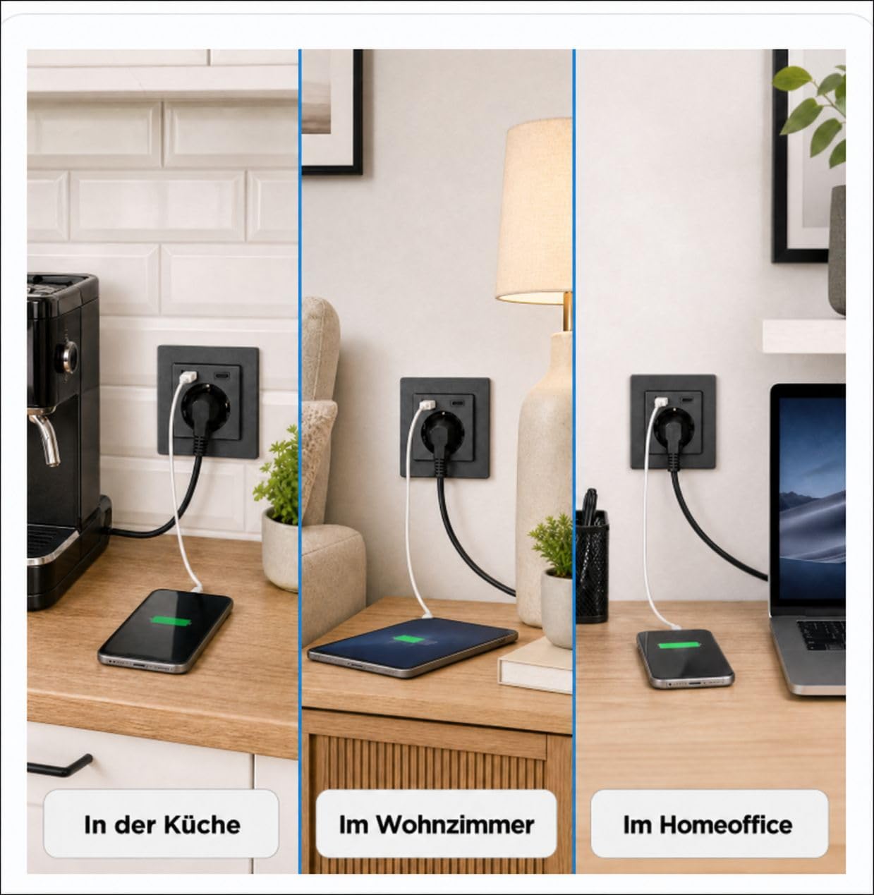 USB-Steckdose chargeMax unter Putz USB-A + USB-C mit Rahmen Ausführung 2USB, Tiefe nur 32mm, Set mit Abdeckung Gira E2 anthrazit
