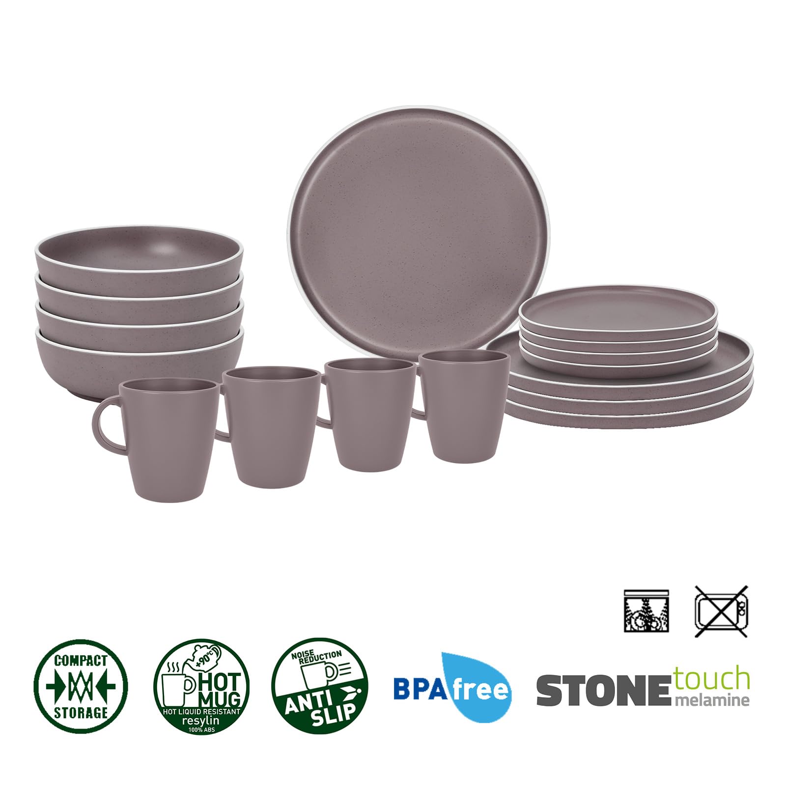BRUNNER Melamin Geschirr-Set Camping 16-Teilig DOLOMIT Lunch Box Stapelbar | Antislip (Antirutsch), 2-4 Personen, wie Steingut (StoneTouch), Bruchfest, Teller & Kaffe-Becher, Wohnmobil Wohnwagen Boot