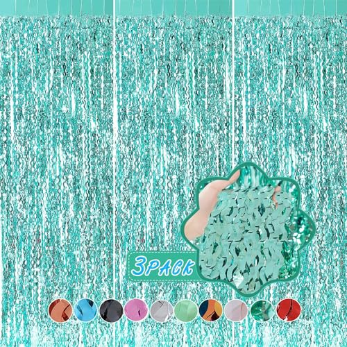 3 Pack Teal Aqua Blue Wave Foil Curtains - 3.3 ft x 6.6 ft Tinsel Metallic Streamers for Photo Booth Birthday Wedding Girl Princess Bachelorette Euphoria Theme Party Decorations