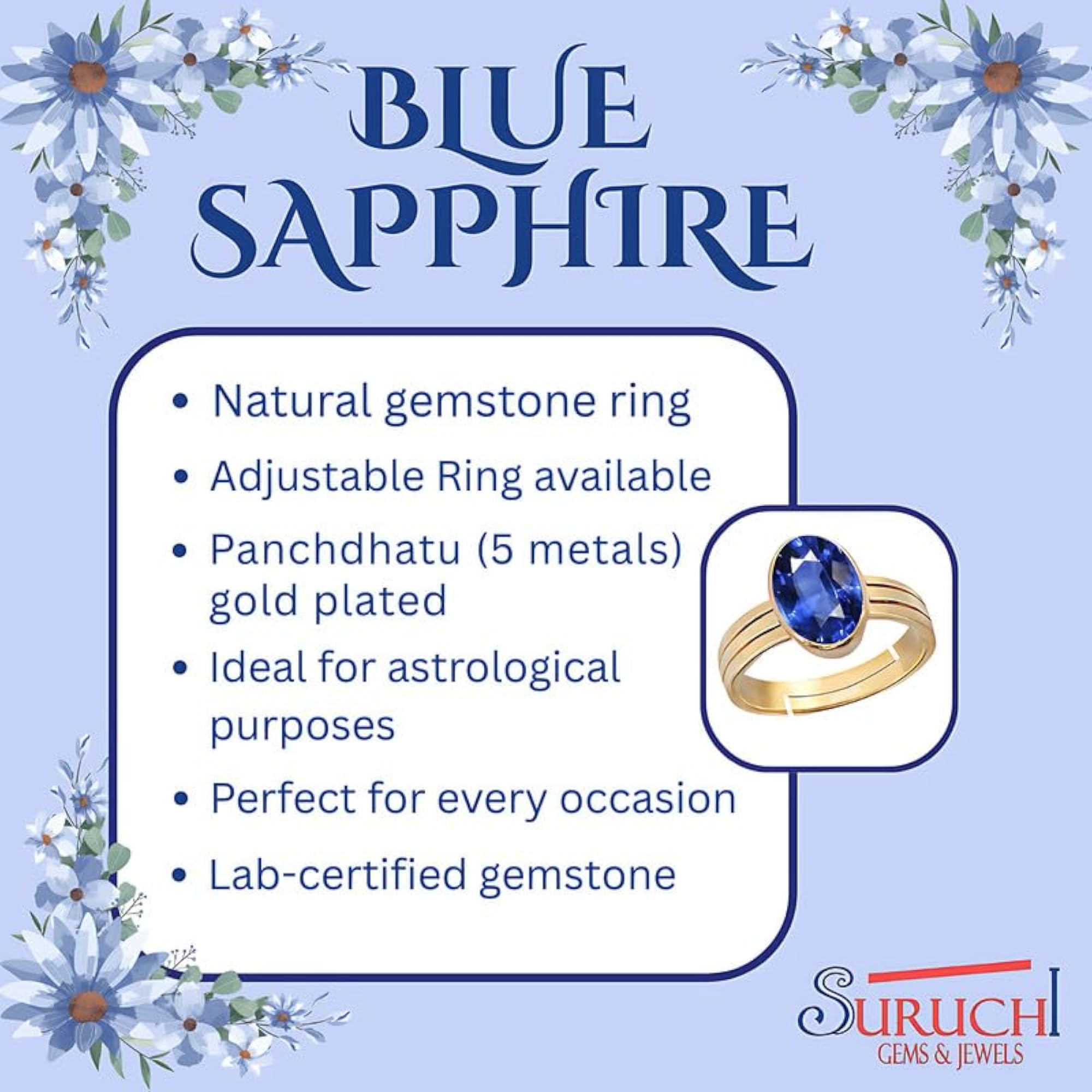 Women's Blue Sapphire Panchdhatu Adjustable Ring, 6.25 Ratti