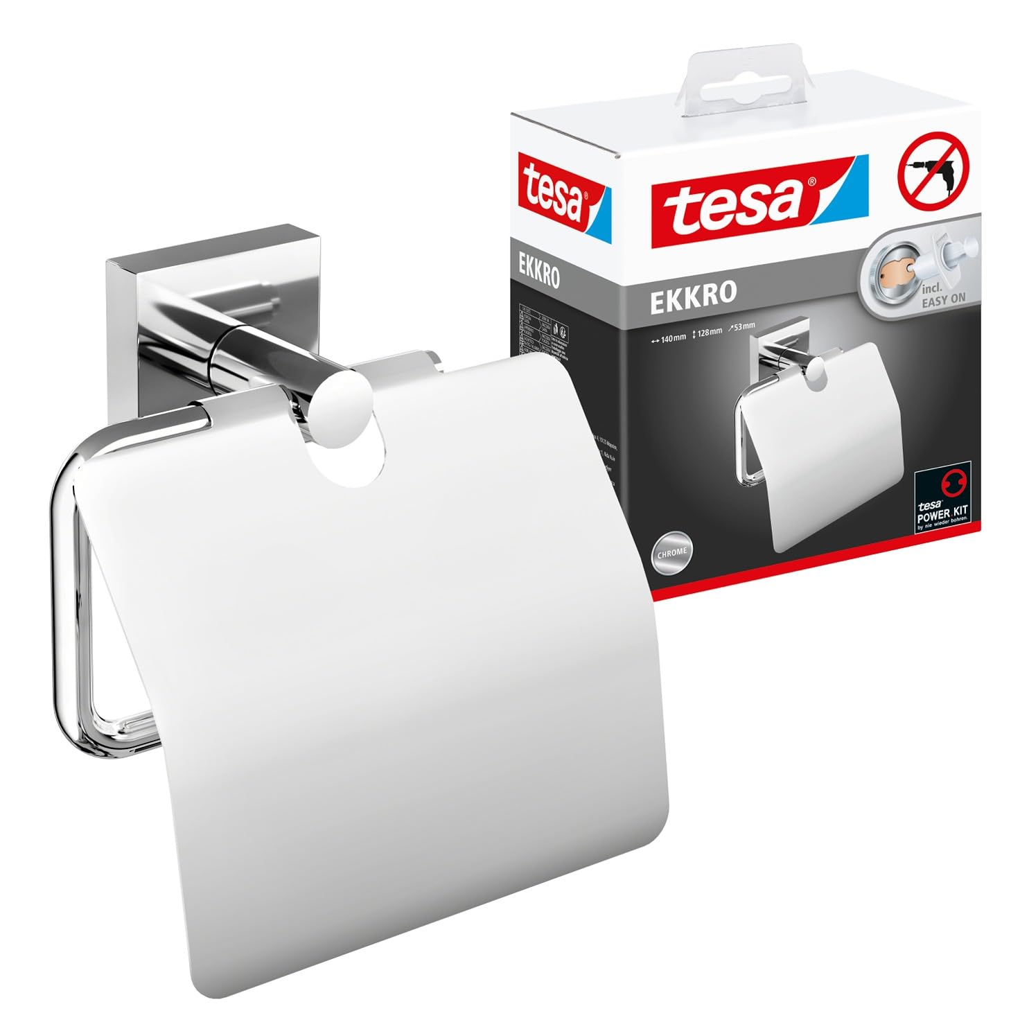 tesa EKKRO Portarotolo WC con Coperchio - Porta Carta Igienica Adesivo in Metallo Cromato Lucido senza Perforazione, per Bagni - Colla Rimovibile inclusa