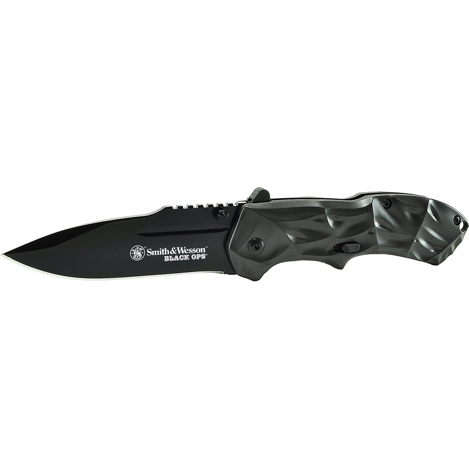 Smith & Wesson Black Ops SWBLOP3 7.7in S.S. Assisted Opening Knife with 3.4in Drop Point Blade and Aluminum Handle for Outdoor, Tactical, Survival and EDC