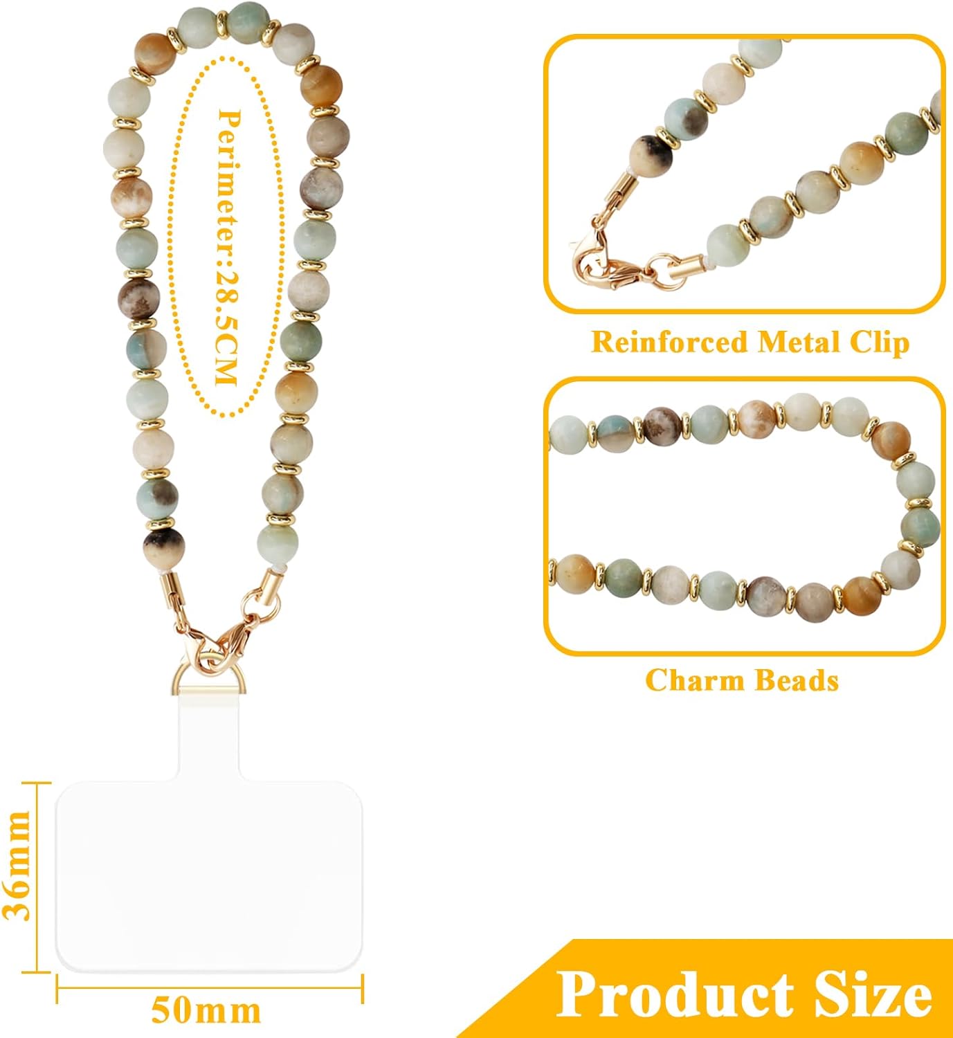 Beaded Phone Charm Strap Marble Phone Wrist Strap, Handmade Natural Gemstone Cellphone Lanyard with Tether Tab & Swivel Lobster Clasp Hands-Free Wristlet Bracelet Phone Chain Strap - Image 5