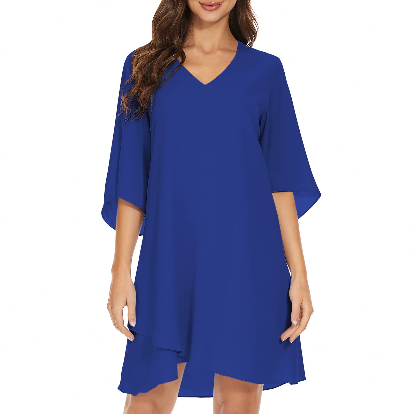 BELONGSCIWomen's 2024 Summer Dress Sweet & Cute V-Neck 3/4 Bell Sleeve Casual Flowy Swing Dress