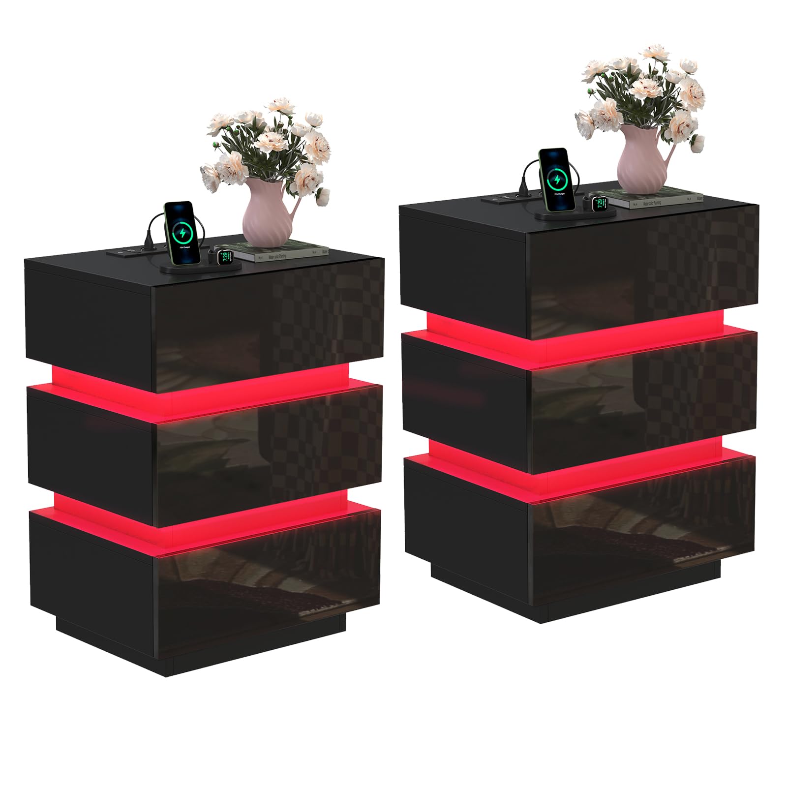 PIPIPOXER Juego de 2 mesitas de noche LED con enchufe y USB, 2 enchufes AC, 2 puertos USB, mesita de noche negra brillante con 3 cajones, mesita de noche con 16 colores de luz RGB, 45 x 35 x 61 cm