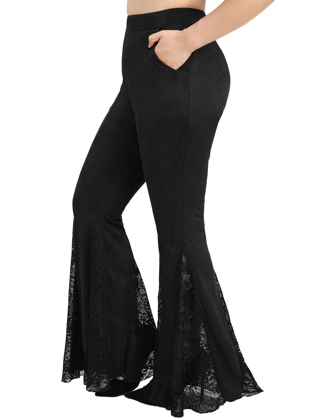 ROSE GAL Plus Size Women High Waisted Flare Pants Lace Patchwork Faux Suede Bell Bottom Pants with Pockets