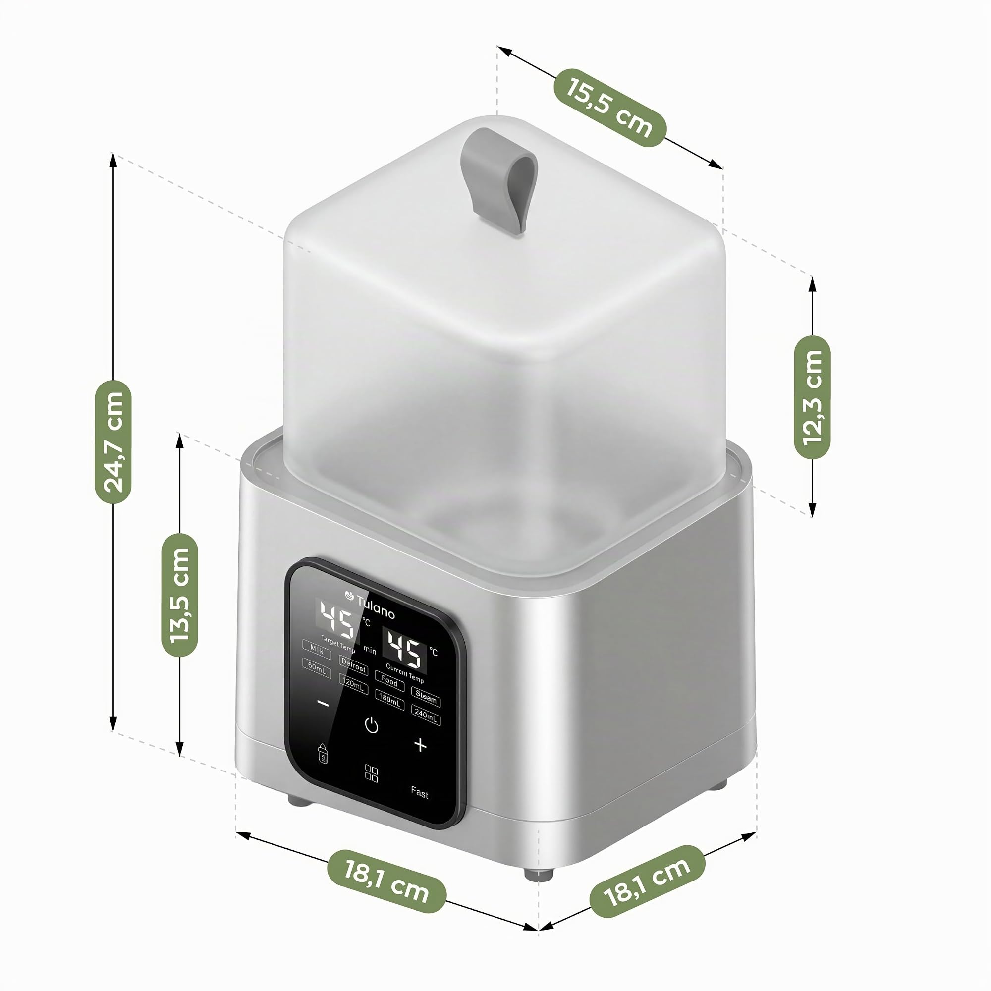 Tulano Ellie 55 8in1 Babykostwärmer mit LCD, Flaschenwärmer Baby, BPA-frei | Sterilisator für Babyflaschen und Fernbedienung – für 4 Fläschchen 60–240 ml – Auftauen und Warmhalten – Weiß