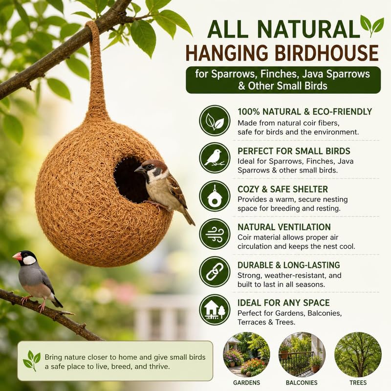 Image of Natural Round Hanging Coir Bird Nest for Sparrows, Finches & Small Birds (Pack of 2) | Handmade Eco-Friendly Coconut Fiber Bird House for Balcony, Garden, Outdoor Trees & Patio Decor