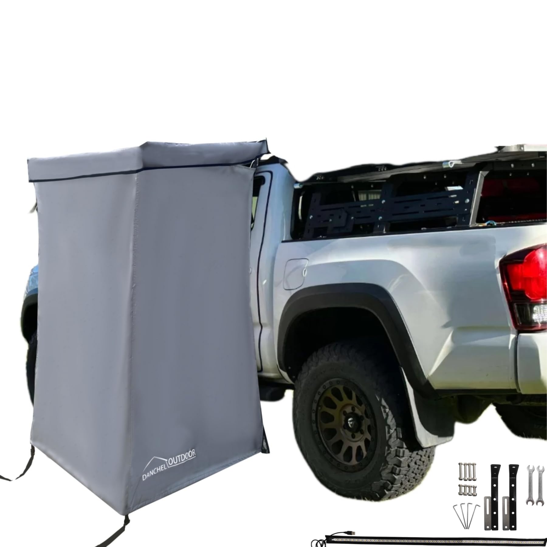 DANCHEL OUTDOOR Car Awning Shower Tent Room w/Roof, Camping Privacy Shelter Enclosure Overland Portable Changing Room w/LED Light, 3.3ft x 3.3ft Gray