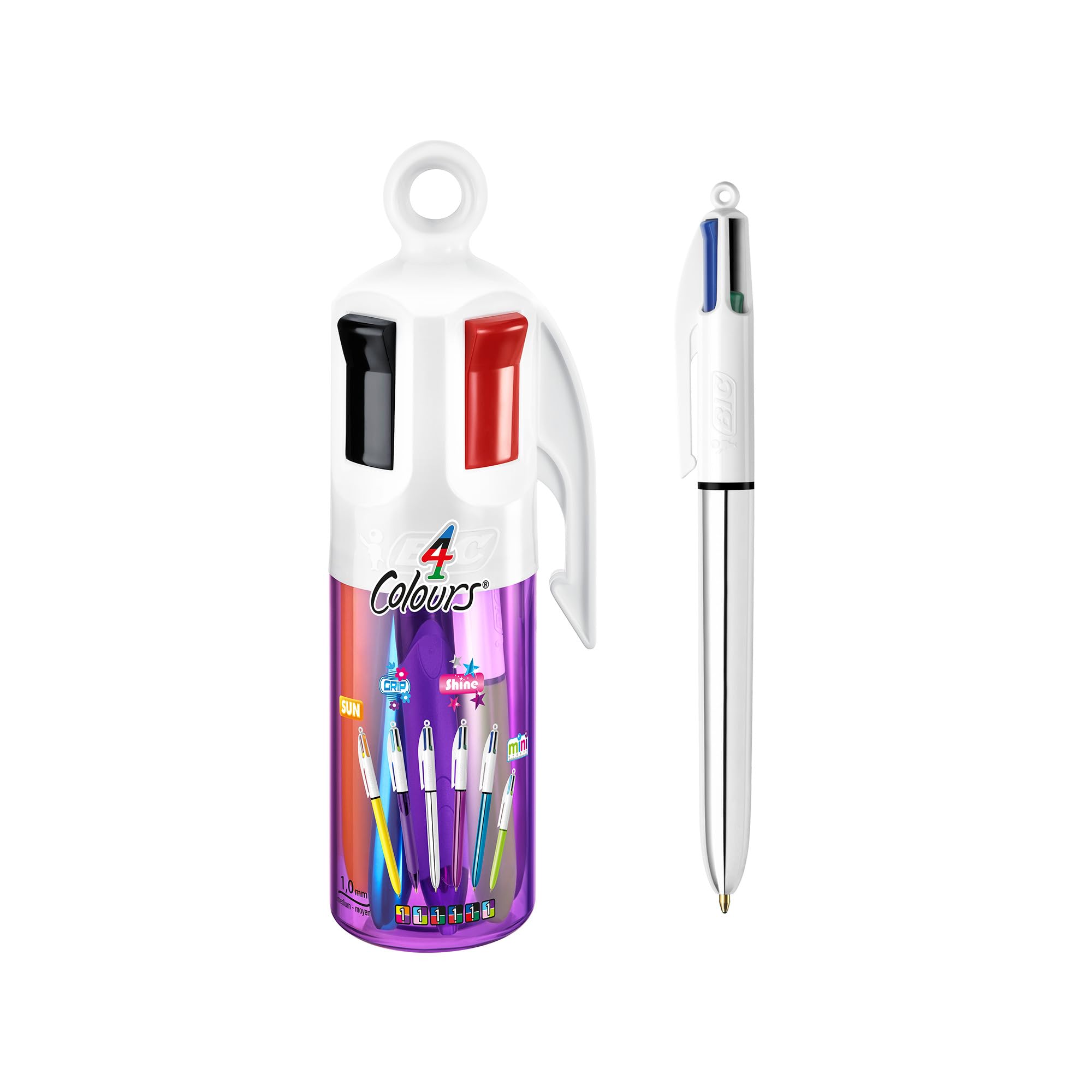 BIC 4 Colores, Práctico Bote decorativo, 6 bolígrafos con 4 puntas de 1.0 mm en colores azul, verde, rojo y negro- Crea papelería bonita