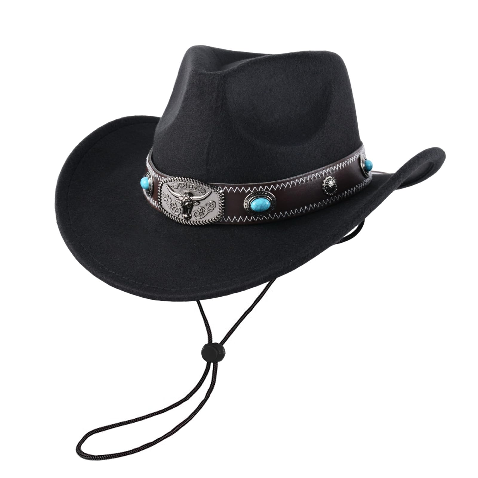 Klassischer Westernhut für Damen und Herren – Einfarbiger Cowboyhut mit Stierkopf-Dekor, Vintage Jazzhut für Erwachsene im Cowgirl- und Western-Stil (Schwarz A)