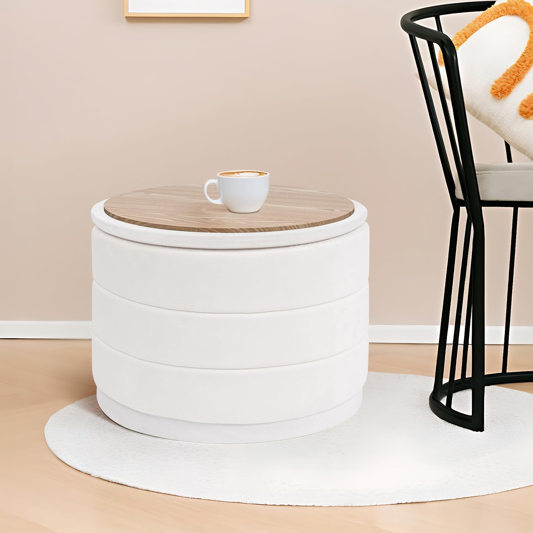 Bonlife Ottoman Rond avec Couvercle,Repose-Pieds Pliable avec Table,Repose-Pieds pour Salon, Chambre à Coucher, Couloir, Velours Blanc, 58 x 58 x 44 cm