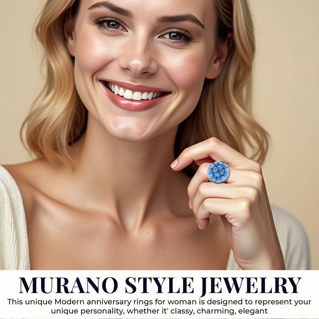 Multi Color Murano Style Glass Stainless Steel Flower Ring - Colorfull Floral Cocktail Rings for Women Jewelry - Vintage Cute Statement Anniversary Jewelry - Birthday Gifts for Women