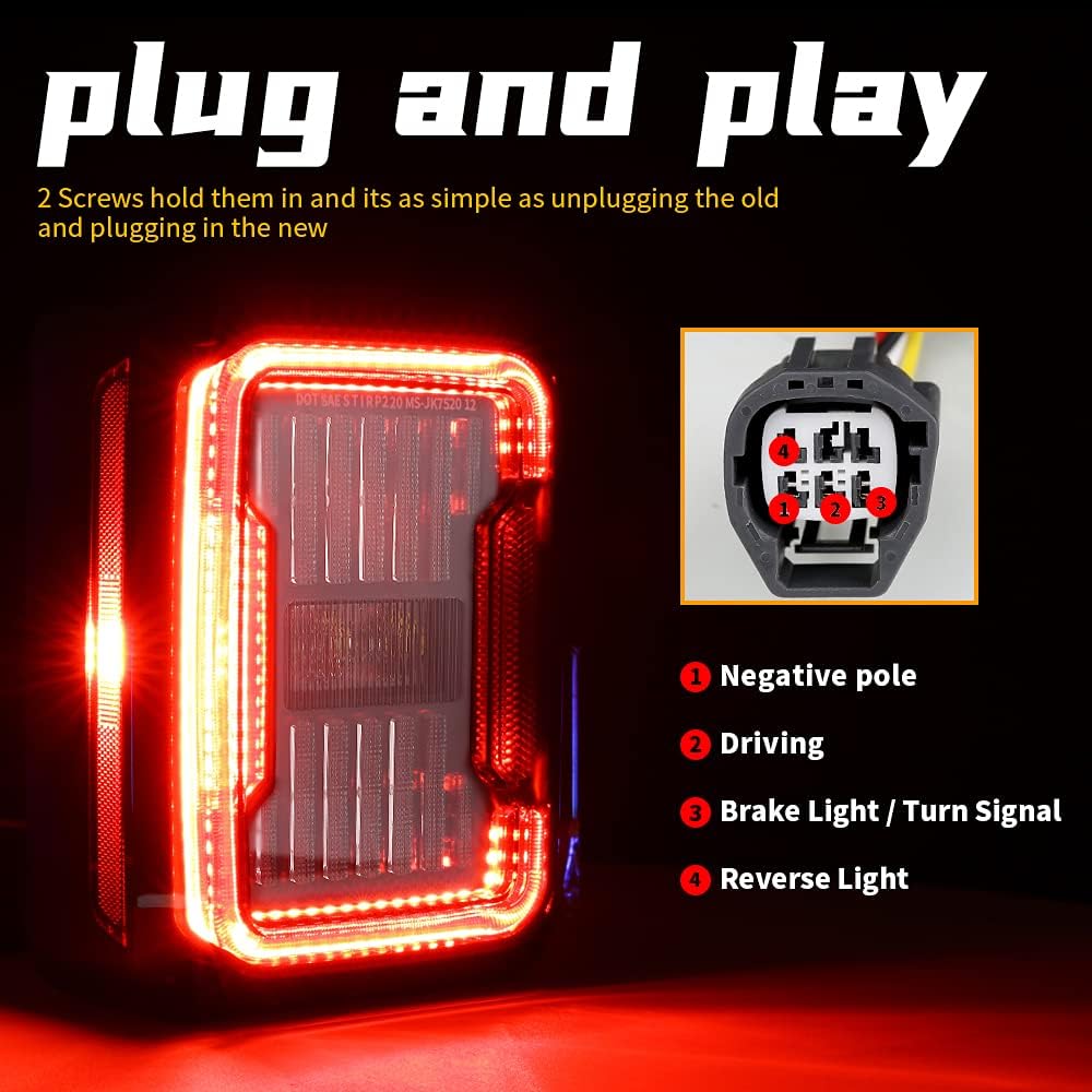 BICYACO DOT Certified LED Tail Lights Compatible with Jeep Wrangler JK 2007-2017, Clear Lens Brake Reverse Running Lamp Turn Signal with EMC, Plug and Play Rear Back Up Lights - 1 Pair
