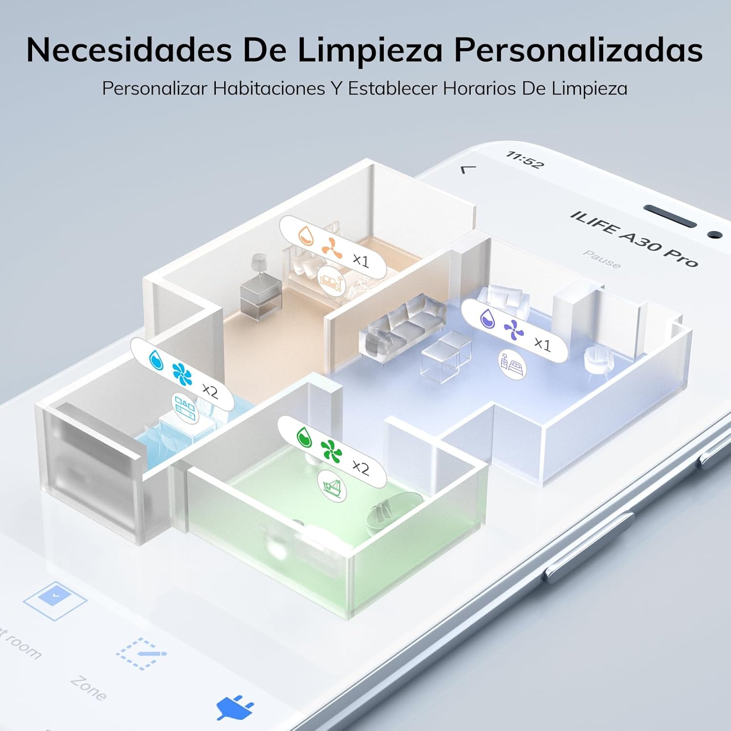 ILIFE A30 Pro app interface showing personalized cleaning settings