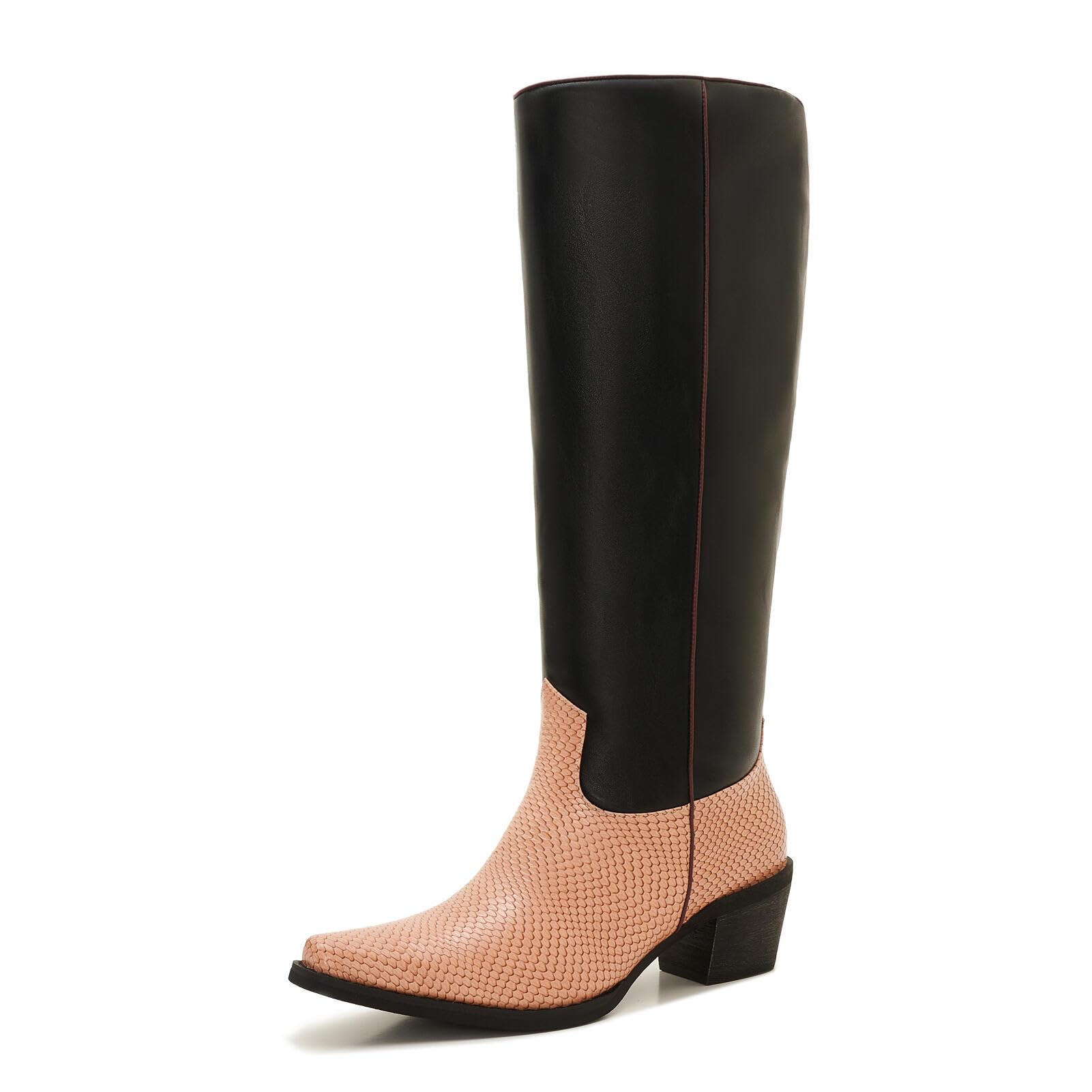 Uillnoodu Womens Wide Calf Knee-High Boots Plus Size Low Heel Western Boots Two-Tone Riding Style Fall Fashion Shoes