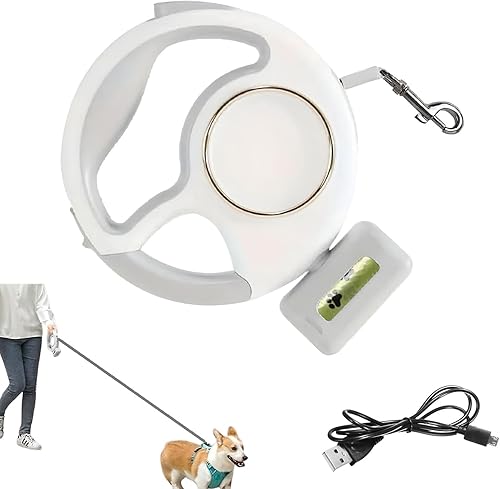 Correa retráctil para perro de 10 pies9.8 ft, correa recargable para mascotas con linterna LED, anillo de freno con una sola mano, hebilla y