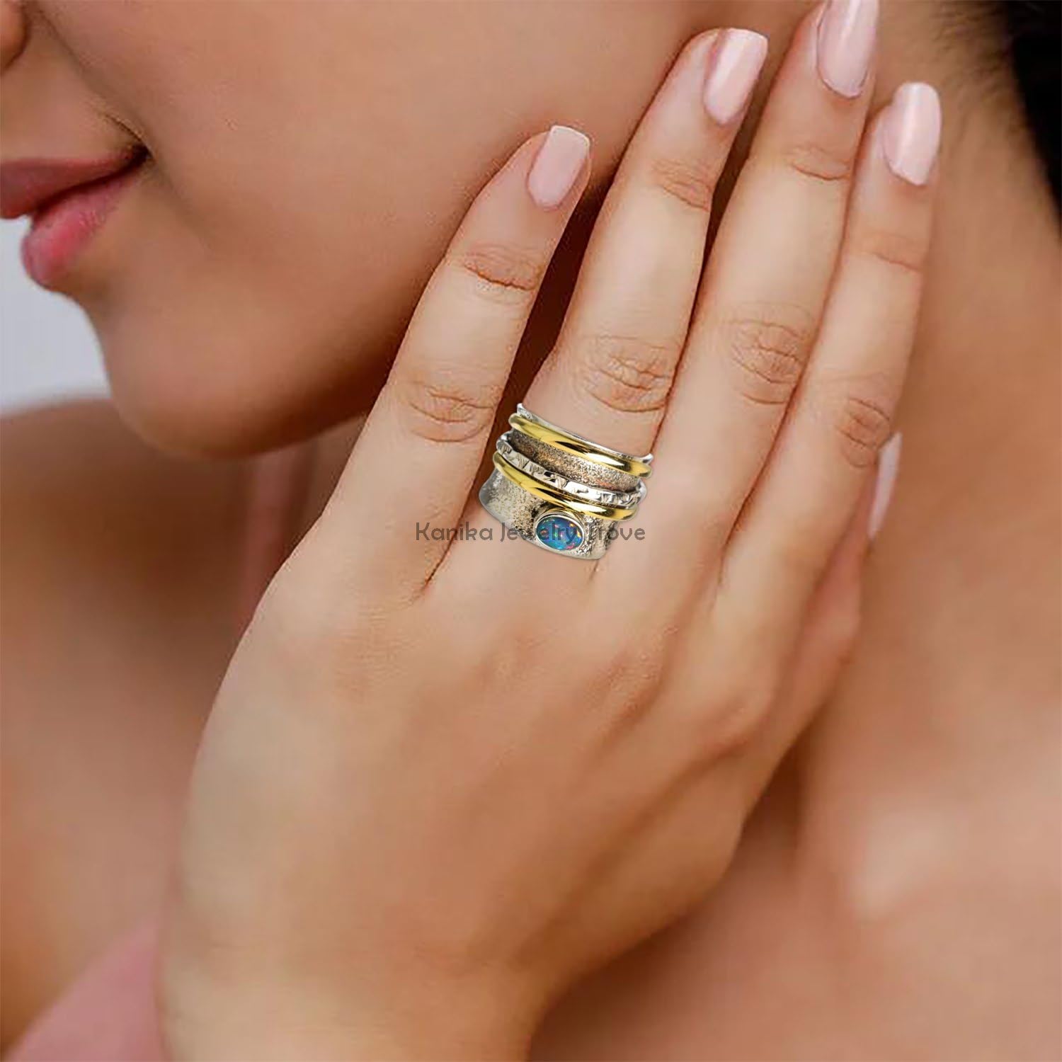 Anillos de plata de banda ancha para mujer,Ethiopian Opal Spinner Ring, Three Band Ring, Anxiety Ring, Sterling Silver Textured Ring, Statement Ring