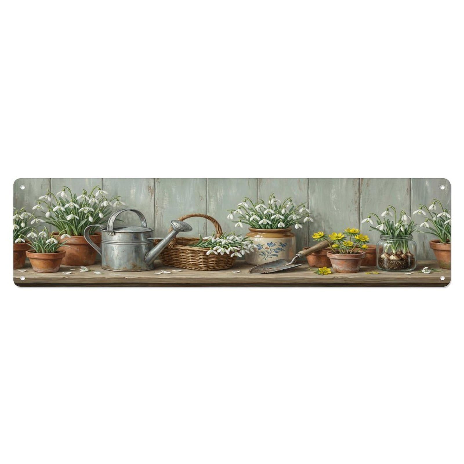 Floral Garden Tools Snowdrop Cluster Pattern Print Metal Tin Sign