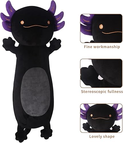 Miniatura 3 de Almohada corporal suave de felpa de ajolote negro gigante de 19.7 pulgadas, muñeca de juguete de animales de peluche de ajolote grande para niños,