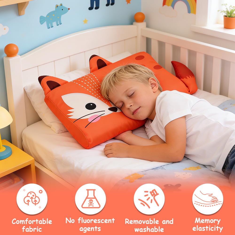 Almohada Infantil, 45 X 27 cm Almohada Bebe con Patrón de Zorro Adorable, Ergonómica Almohada para Bebe, Suave y Transpirable Almohada Niños para El Dormitorio de Los Niños